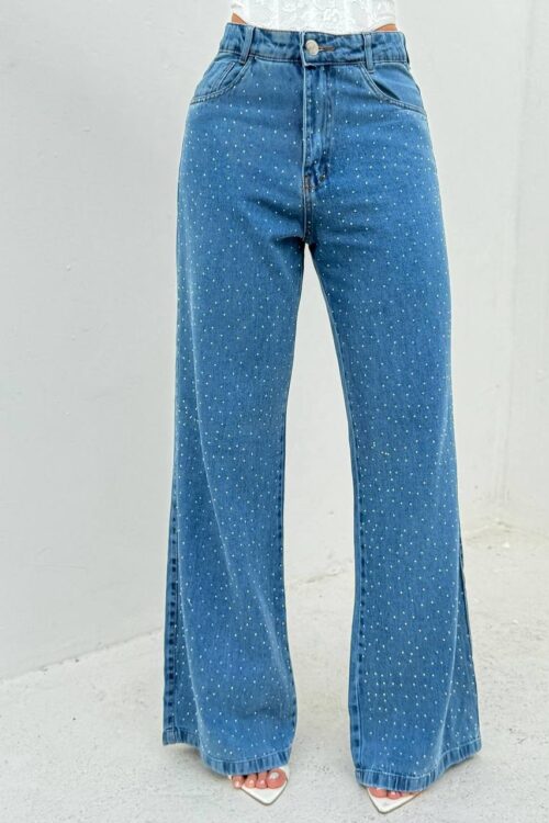 Calça Jeans Sensação Wide Leg com Strass Brilho