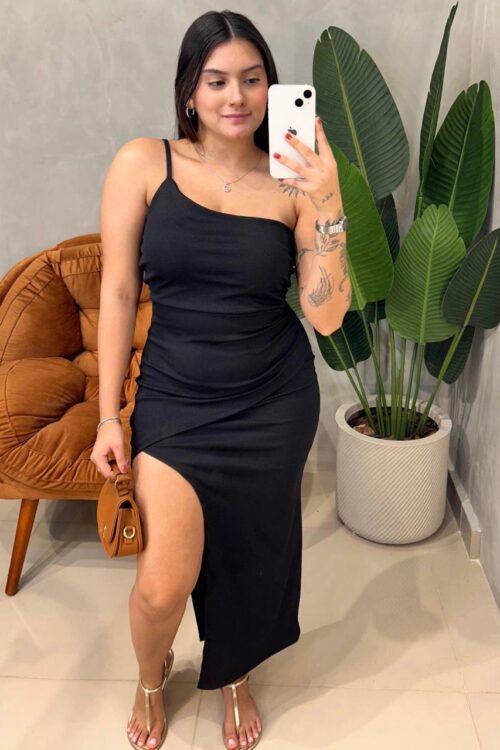 Vestido Mid Ribana Alça Única Transpassado Roberta Preto
