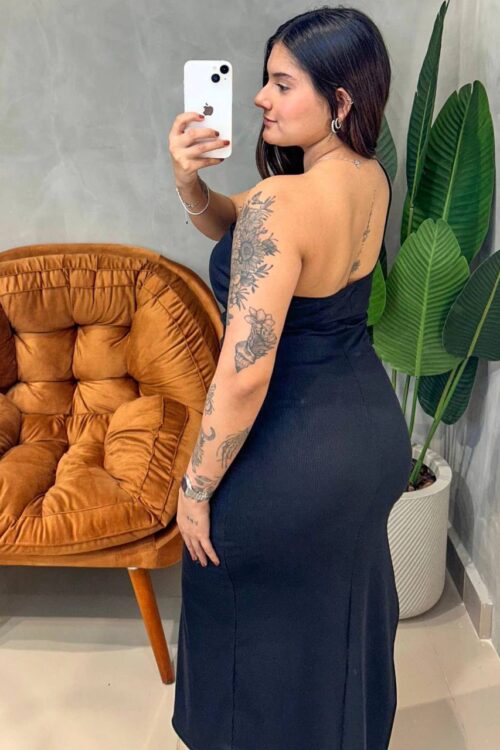 Vestido Mid Ribana Alça Única Transpassado Roberta Preto