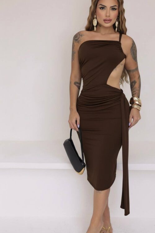 Vestido Mid Recortes Marrom