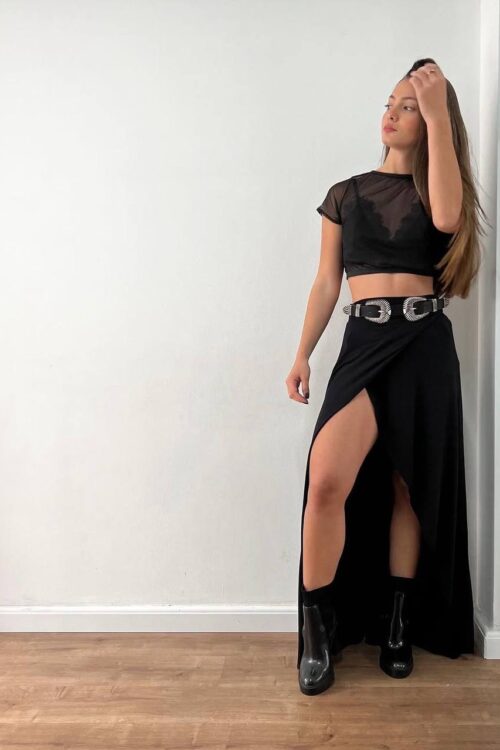 Saia Longa Envelope Preta Forrada