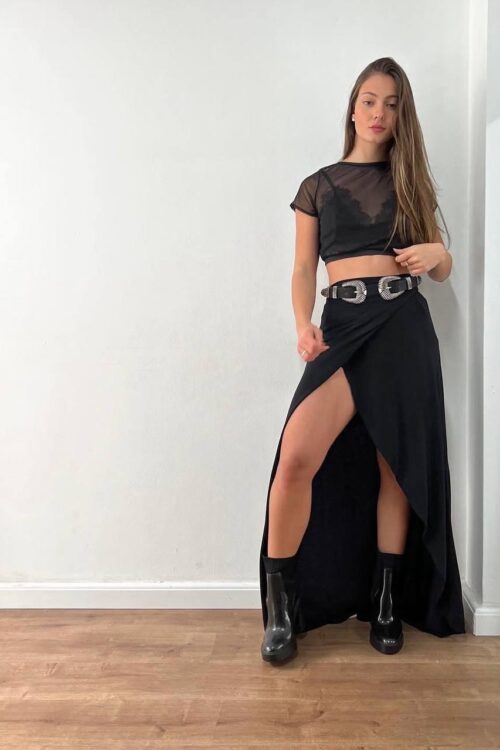 Saia Longa Envelope Preta Forrada