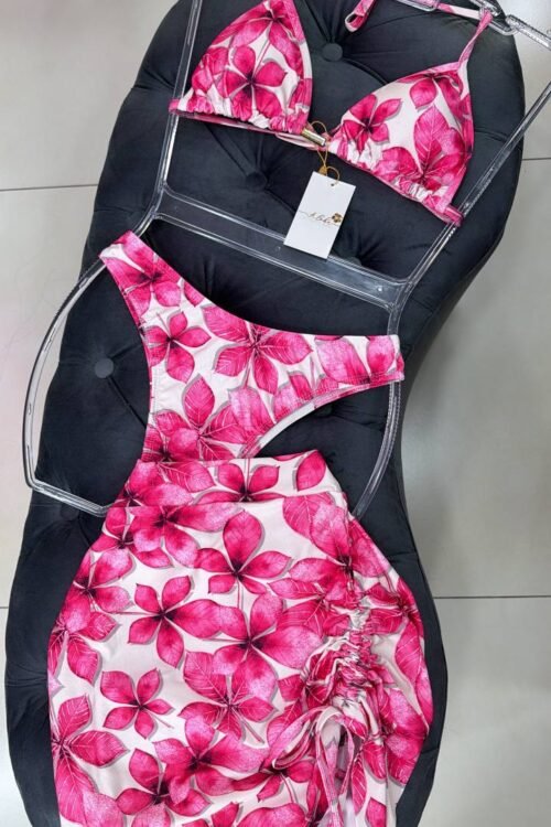Biquíni 3 Peças com Sainha Fivela Dourada Estampado Rosa