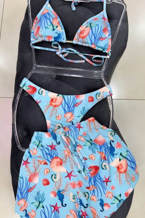 Biquíni Conjunto 3 Peças com Shorts Karol Estampado Mar