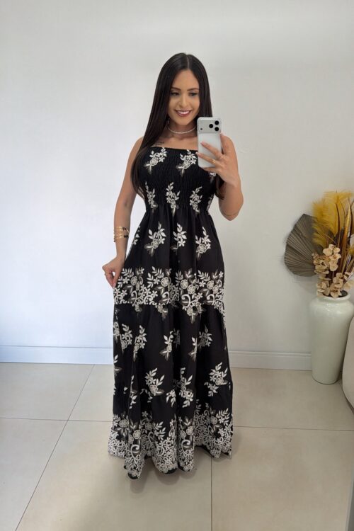 Vestido Longo Lastex Estampado Luiza Preto