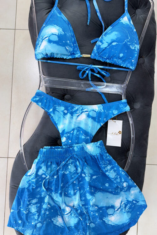 Conjunto de Biquíni com Shorts Estampado Azul Bic