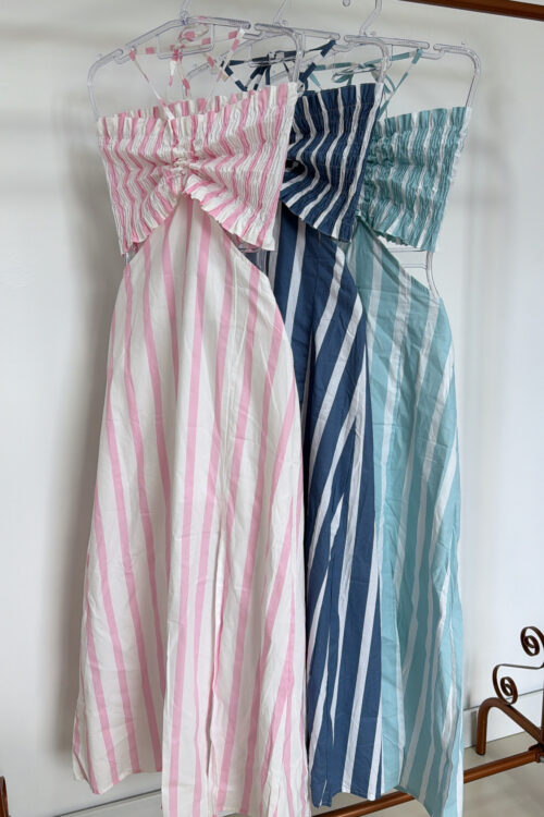 Vestido Longo Listrado com Lastex no Busto