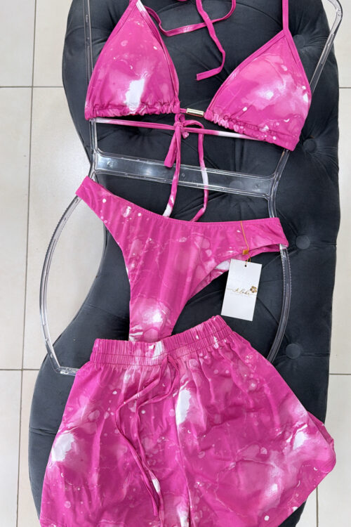 Conjunto de Biquíni com Shorts Estampado Rosa