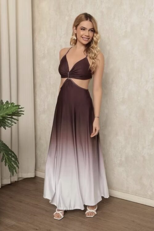 Vestido Longo Guerda Marrom com Branco