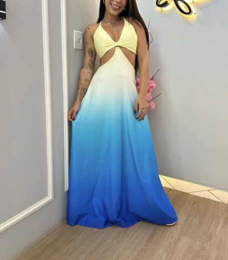 Vestido Longo Guerda Amarelo com Azul