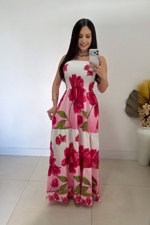 Vestido Longo Lastex Estampado Luiza Rosa