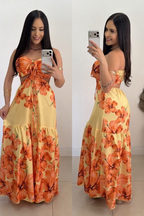 Vestido Longo Estampado Flora Amarelo