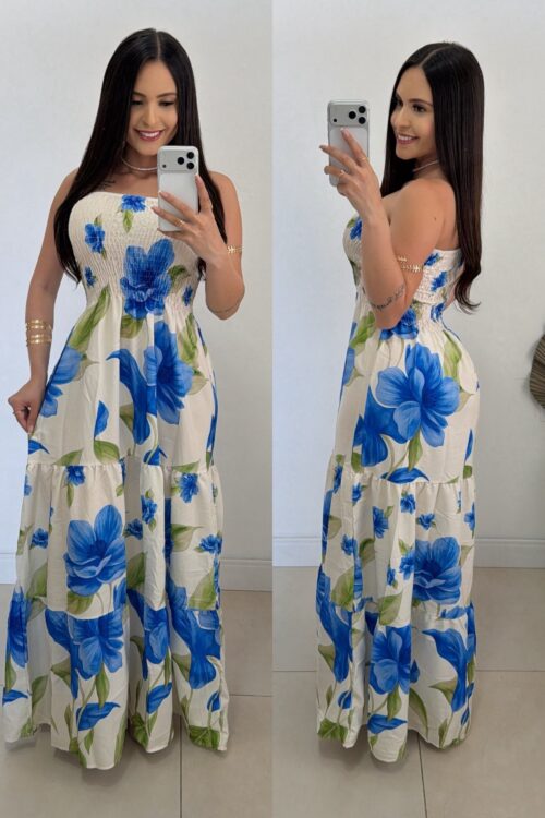 Vestido Longo Lastex Estampado Luiza Azul