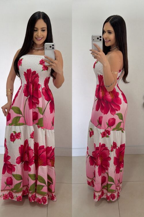 Vestido Longo Lastex Estampado Luiza Rosa