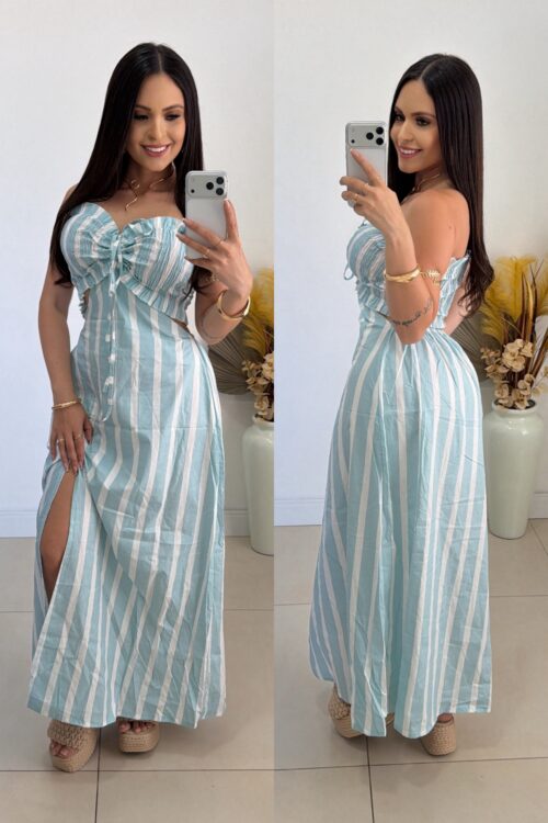 Vestido Longo Listrado com Lastex no Busto