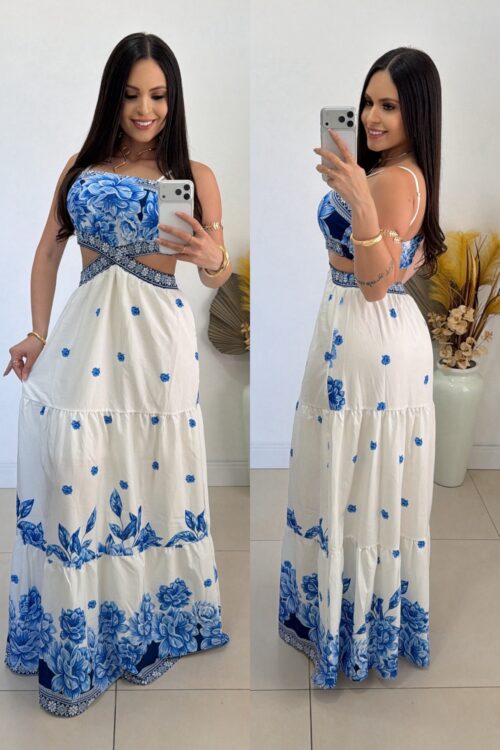 Vestido Longo Recortes na Lateral Estampado