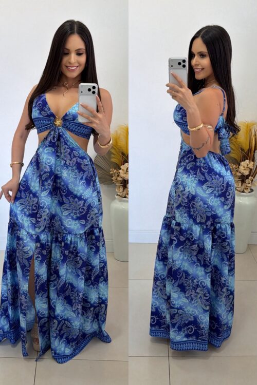 Vestido Longo Estampado Estrela Azul