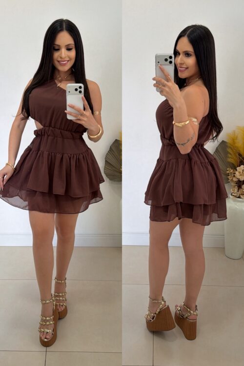 Vestido/Macaquinho Chiffon Babado Marrom