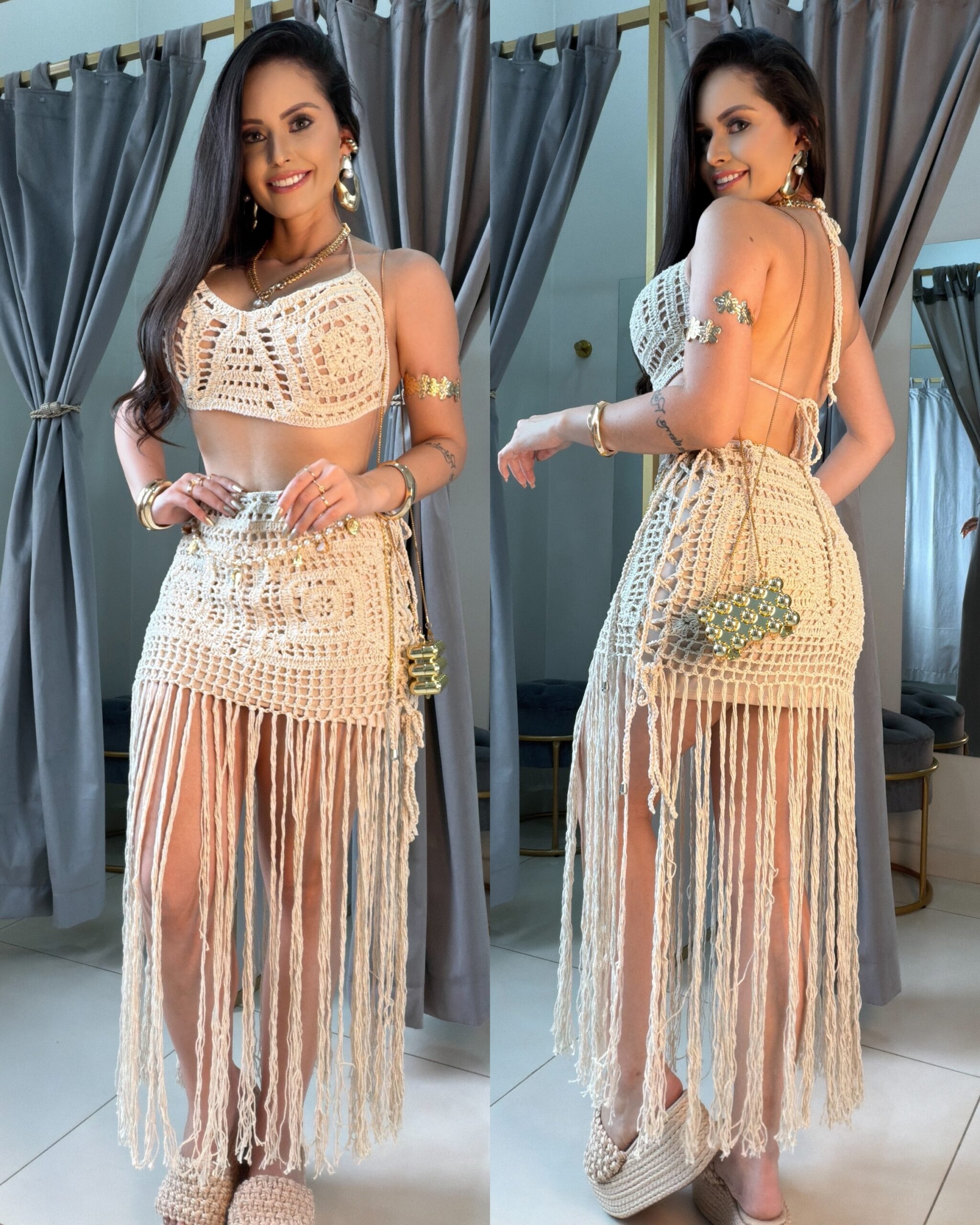 Conjunto Aloha Cru Franjas Premium Crochê