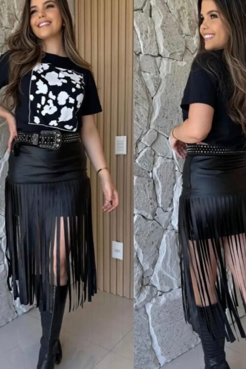 Saia Courino com Franjas Country Preta