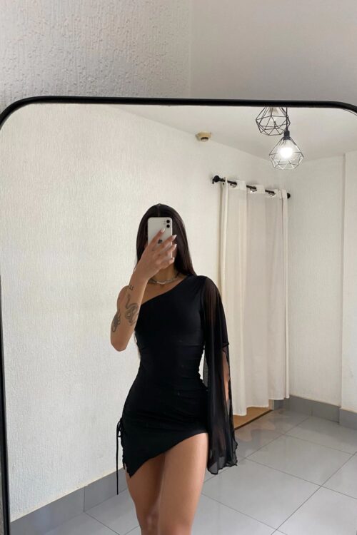 Vestido Manga Única Tule Ayla Preto
