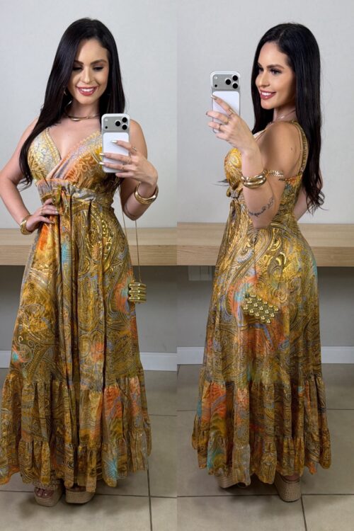 Vestido Longo Indiano Costas Lastex com Brilho Dourado