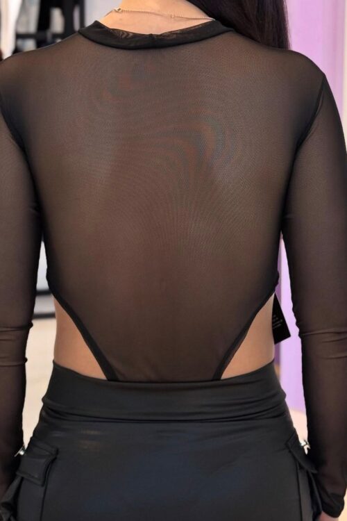 Body Cavado Costas e Mangas Tule Preto