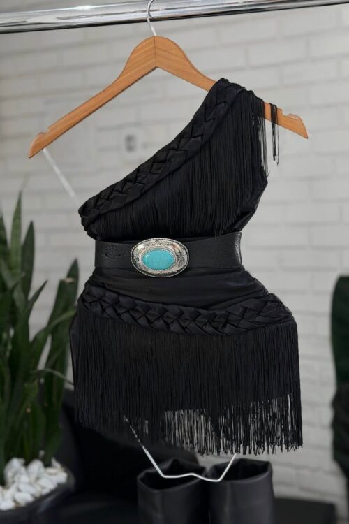 Cropped de Franjas Acetinado Preto