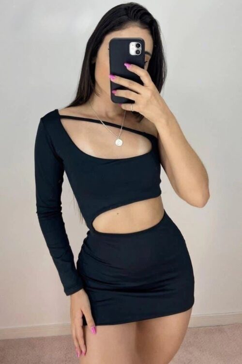 Vestido Recortes Pérola Preto