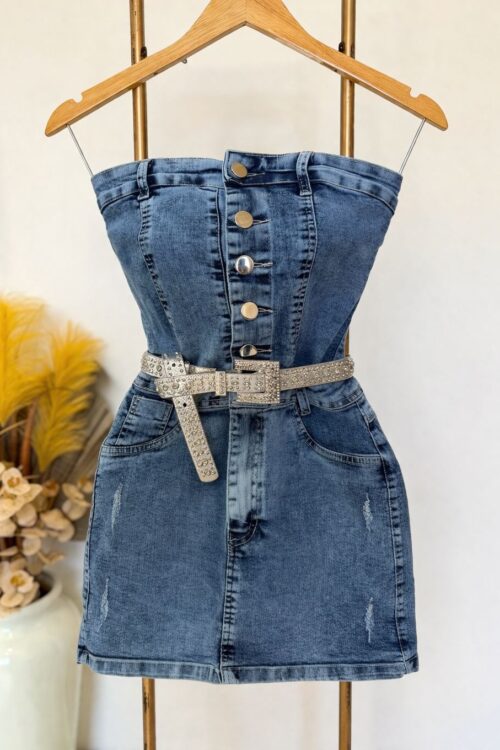 Vestido Jeans com Lycra e Botões