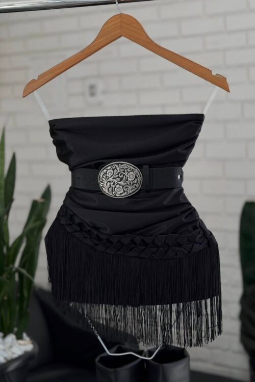 Vestido Prada Acetinado Franjas Preto