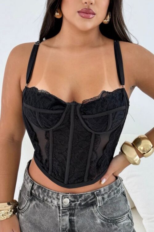 Cropped Corset de Renda com Tule