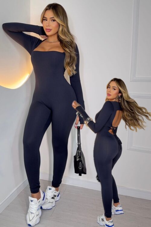 Macacão Longo Poliamida Costas Abertas Preto