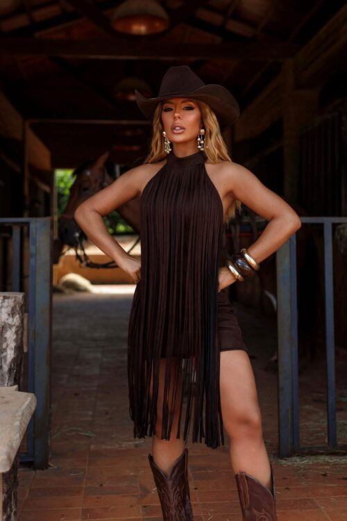 Vestido Franjas Suede Frente Unica