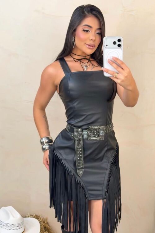 Vestido Courino com Franjas Fran Preto
