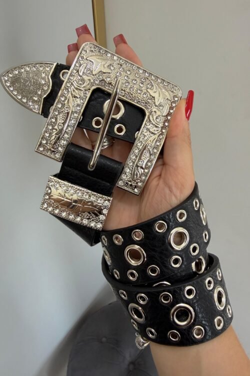 Cinto Country Preto Fivela Grande Strass Prata