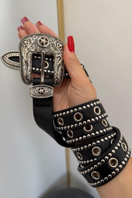 Cinto Preto Fivela Prata Ilhós