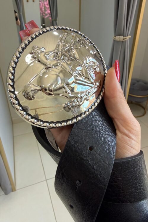 Cinto Preto Country Fivela Grande Oval Prata