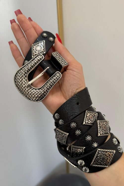 Cinto Preto Fivela Prata Flor