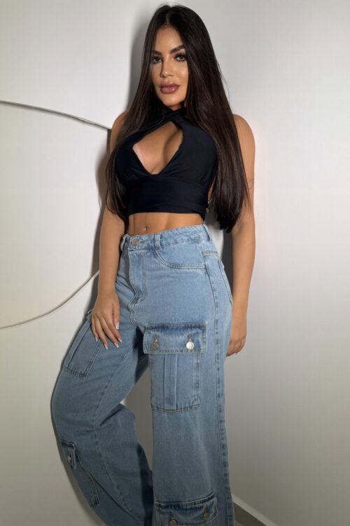 Calça Jeans Wide Leg Sensação Bolsos Frontais